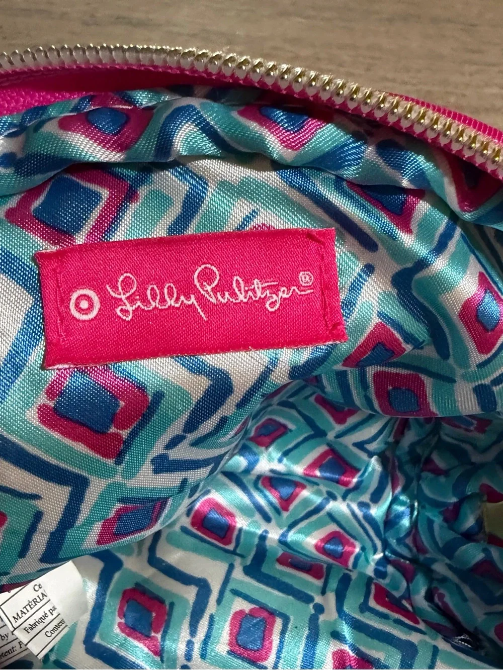 Lilly Pulitzer Pink Turquoise Patterned Cosmetic Pouch with Pineapple Zipper tag